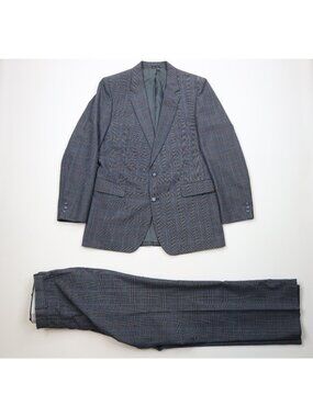 Vtg 70s Streetwear Mens 42L Wool Blend 2 Piece Suit Wedding Plaid Wide Leg 34x31